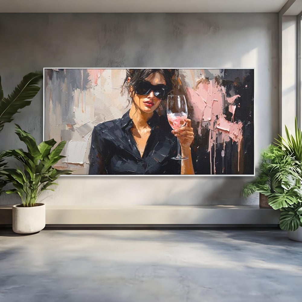 Tablou canvas cu tablou canvas cu femeie si pahar de vin, in rama de aluminiu argintiu